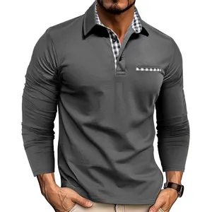 Modern dark grey long-sleeved polo shirt for men featuring stylish plaid collar trim