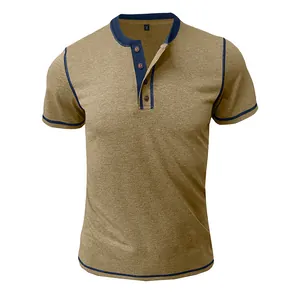 Men's khaki Henley T-shirt with navy blue contrast trim and three-button placket