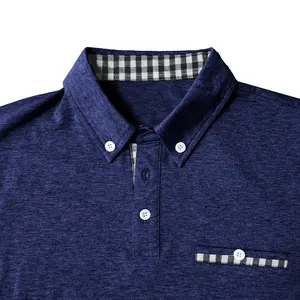 Detailed close-up view of a navy blue polo shirt featuring checkered collar and pocket trim