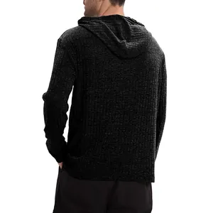 Back view detail of men's long-sleeve hooded t-shirt with ribbed texture fabric