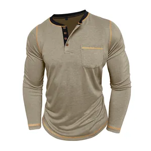 Detailed view of men's khaki long-sleeved Henley t-shirt with four-button placket.