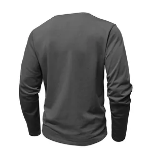 Back view detail of a charcoal grey men's long-sleeve T-shirt with soft cotton texture