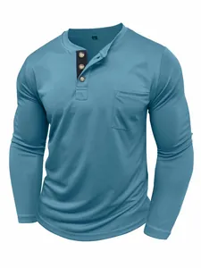 Men's athletic casual long-sleeved Henley T-shirt featuring breast pocket in teal blue color