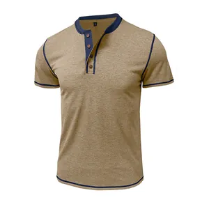 Detailed front view of a men's khaki short sleeve Henley shirt with navy contrast trim