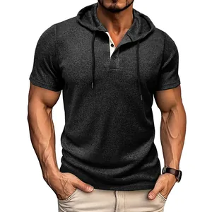 Close-up detail of dark gray short-sleeved hooded Henley t-shirt featuring button placket