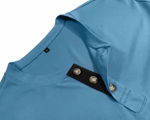 Close-up of a light blue Henley shirt collar showing pique texture and button details