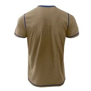 Back view of a casual khaki short sleeve t-shirt with navy blue contrast trim detail.