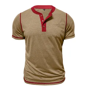 Casual men's Henley T-shirt with khaki and burgundy color block design and chest pocket