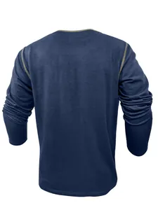 Detailed back view of a men's navy blue long-sleeve Henley shirt with contrast stitching
