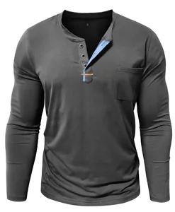 Premium grey long-sleeved Henley shirt with blue contrast placket and chest pocket detail