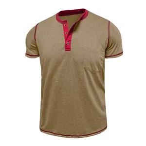 Detailed view of men's casual khaki Henley T-shirt with red contrast trim and chest pocket