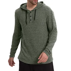 Men's green ribbed long-sleeve hoodie with button henley neckline and drawstrings