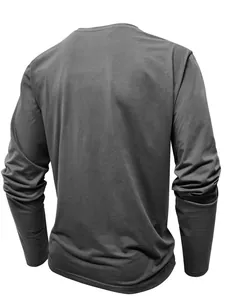 Back view of men's charcoal grey long-sleeve Henley shirt with smooth texture