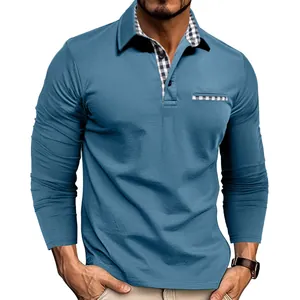 Men's long sleeve blue polo shirt with checkered collar detail and slim fit design.