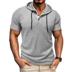 Front view detail of a men's slim fit grey short-sleeved hooded Henley t-shirt