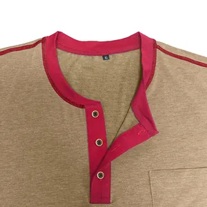 Close-up of contrast neckline and button placket on men's breathable polo shirt