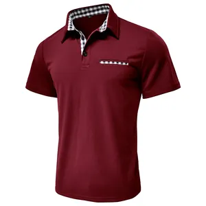 Detail view of burgundy men's Polo shirt featuring stylish plaid trim on collar and pocket