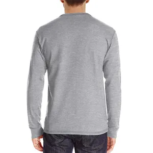 Rear view of a men's slim-fit long-sleeve T-shirt in heather gray cotton blend fabric