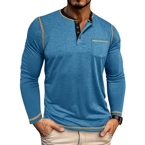Detail of men's blue long-sleeve Henley T-shirt with four-button placket and contrast stitching