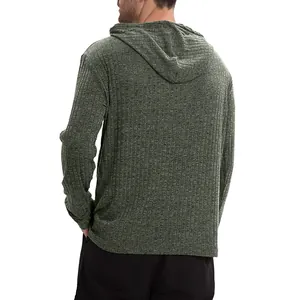 Back view of men's green textured hooded long-sleeve casual shirt with ribbed fabric detail