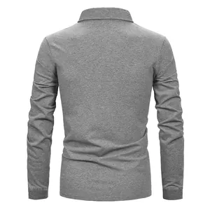 Detailed back view of a grey long-sleeved polo shirt showing clean seams and fabric texture
