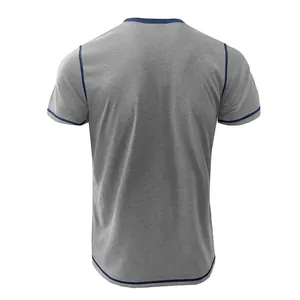 Back view of casual grey short sleeve T-shirt featuring navy blue contrast piping details