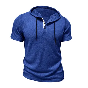 Close-up of royal blue short-sleeve hooded Henley shirt showing textured fabric detail