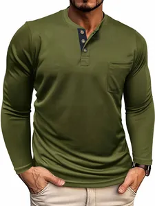 Close-up detail of men's olive green long sleeve Henley T-shirt featuring a chest pocket