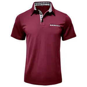 Detailed view of burgundy men's polo shirt featuring stylish plaid collar and pocket trim