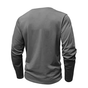 Back view of a plain grey men's long-sleeved t-shirt with soft cotton texture