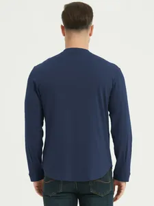 Rear view of a navy blue men's long-sleeve cotton Henley shirt with curved hem detail