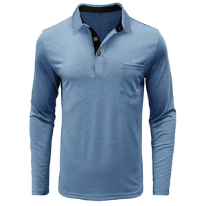 Polo bleu à manches longues pour homme avec poche poitrine et col contrasté noir élégant