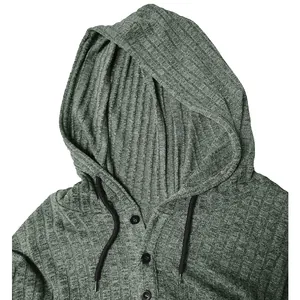 Detail view of men's sage green ribbed hoodie with button placket and drawstrings.