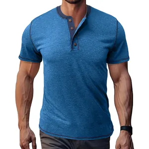 Professional front view of a casual blue short sleeve Henley t-shirt with button placket
