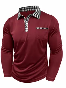 Polo à manches longues bordeaux pour homme avec col et détails de poche à carreaux