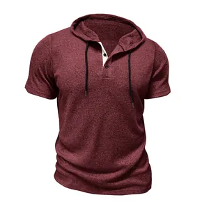 Close-up of a wine red men's hooded Henley t-shirt featuring a subtle knit texture