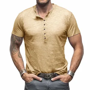 Detailed view of a men's khaki slub cotton Henley t-shirt with button placket