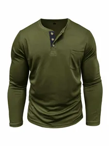 Close-up of men's army green long sleeve Henley T-shirt with pocket detail