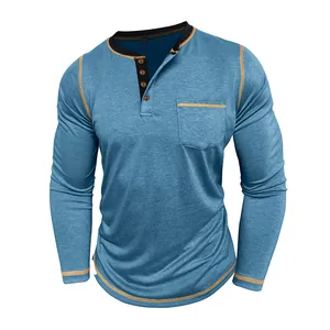 Detailed view of blue men's four-button long-sleeve Henley shirt with quick-dry fabric