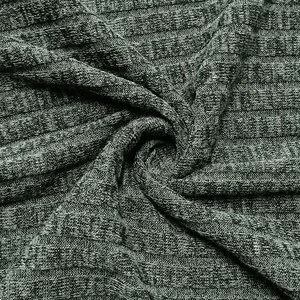 Macro view of dark green marl ribbed knit fabric texture for men's casual long-sleeve top.
