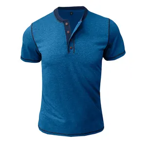 Blue short-sleeved Henley shirt with contrast collar and wood-style buttons