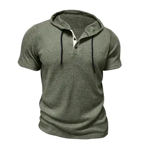 Detailed view of men's olive green hooded Henley t-shirt in textured knit fabric