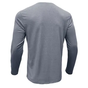 Back view of a grey slim fit long-sleeve cotton t-shirt for men, breathable moisture-wicking