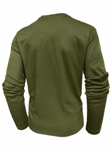 Detailed back view of a men's casual long-sleeved T-shirt in solid olive green color