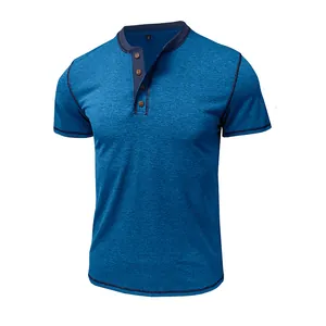 Detail view of a blue short-sleeve Henley shirt with contrast collar and buttons.