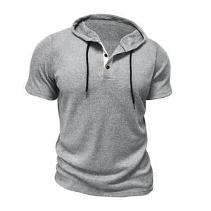 Detail showing the waffle texture and drawstring hood of a grey short sleeve Henley shirt