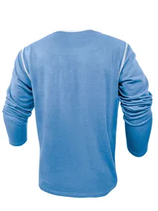 Back view of a blue men's long-sleeve round neck shirt with white contrast stitching