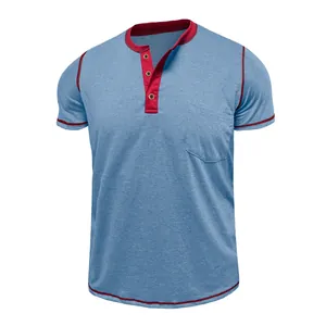 Detailed view of breathable men's short-sleeve Henley shirt with red contrast trim