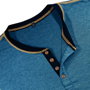 Close-up of men's quick-dry heathered blue Henley shirt with four-button placket