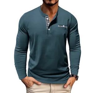 Men's long-sleeve Henley shirt in teal blue featuring a plaid contrast placket detail.